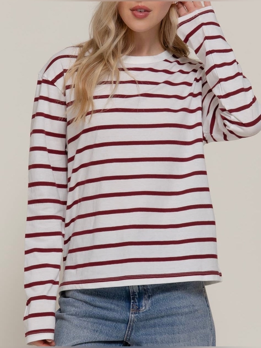 Active Basic White & Burgundy Striped Long Sleeve Tee
